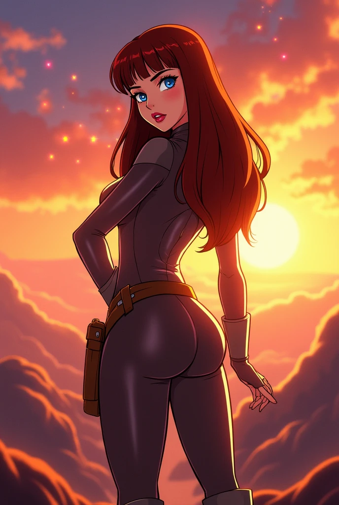 ((masterpiece, best quality)), insaneres, absurdres, solo, looking at viewer, 
CARTOON_AdventuresofGalaxyRangers, 
1girl, long hair, brown hair, bangs, blunt bangs, makeup, lipstick, lips, blue eyes, red hair,  large breasts, very long hair, 
skin tight,  belt, bodysuit, uniform, boots, holster, spacesuit, military, gloves, 
(contrapposto, hand on hip), sunset, sidelighting, depth of field, light particles,