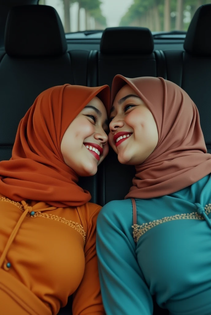 extreme close up of two beautiful hijab indonesian lesbian girl laying down,bra and panties,hugging,french kiss,lesbian sex,,in a car,look to the viewer
