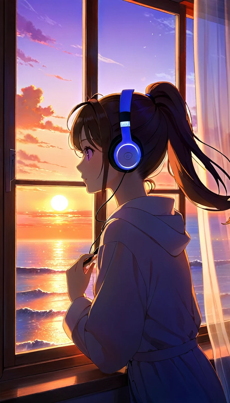 The window frame is large and a white curtain is billowing in the wind in the room,A girl gazing out the window, Outside the window, a calm sea stretches out, Put on big headphones.The sunset glows in hues of orange and purple, The setting sun cast a beautiful glow on her face,A ponytail is being touched by the wind, Nostalgic Landscape, An atmosphere reminiscent of Makoto Shinkai's work, White steam rises from the coffee cup