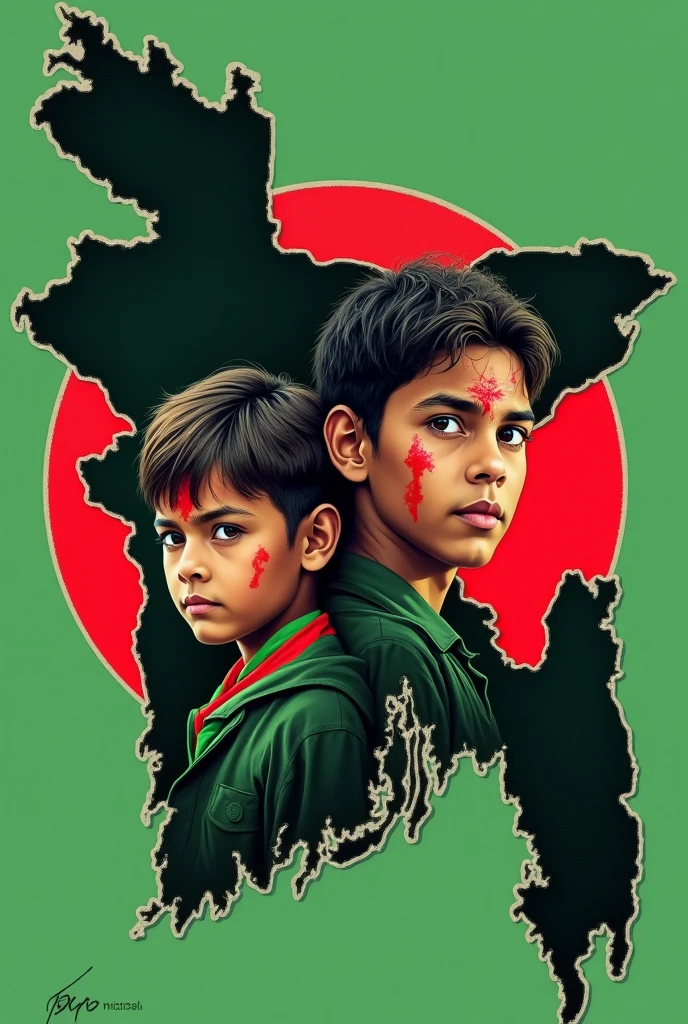 সবুজ মানচিত্র বাংলাদেশের , মাঝে লাল বৃত্ত, বৃত্তের মধ্যে একটা যুবক ছেলে আর একটা ছোট  ছেলের মুখ, মাথায় পতাকা বাধা,তাদের মাথা ফেটে রক্ত পড়ছে, বিপ্লবী, 2018 থেকে 2024