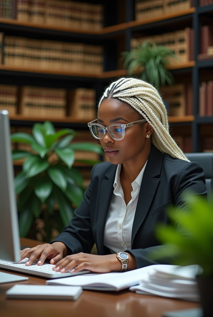 A black woman with a slightly rounder face with light blonde, almost white, braided hair working as a judicial technical clerk in São Paulo with papers and on the computer and with transparent frame glasses and a more voluptuous body.