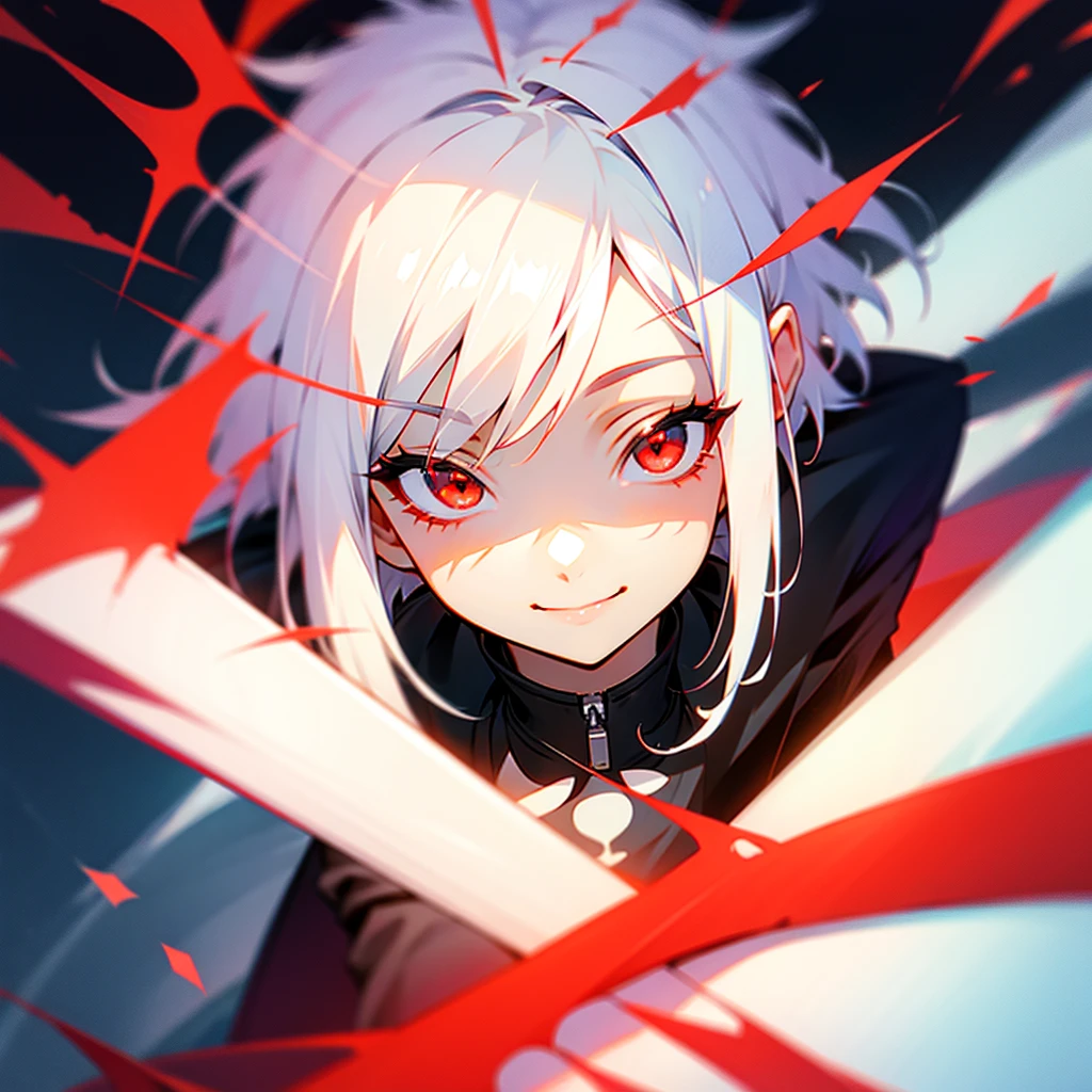 White hair red eyes short hair, smile, eyes close