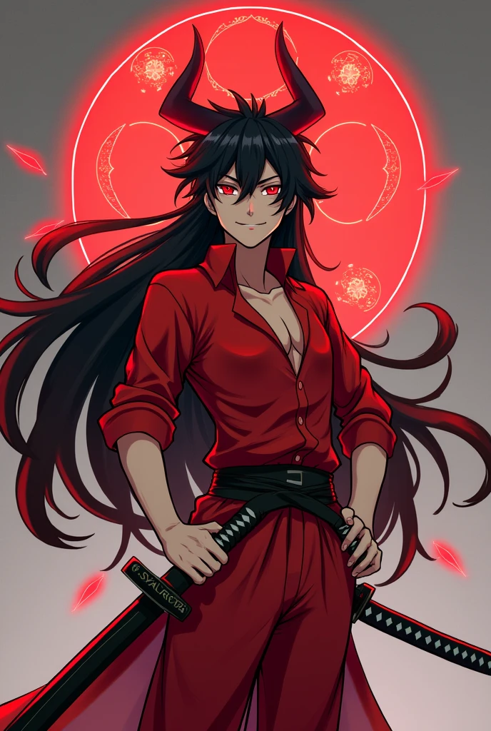 A sota with black and red hair, wearing a red shirt, red pants, a red magic circle on his head, red glowing horns on his head, a large red magic circle on his back, a samurai sword Yadon on both waists, smiling with something hidden anime