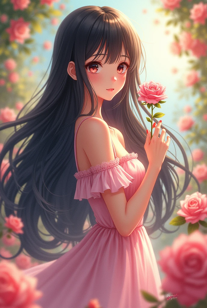 Female anime character with long black hair, black eyes, wearing a pink dress and carrying a pink rose.