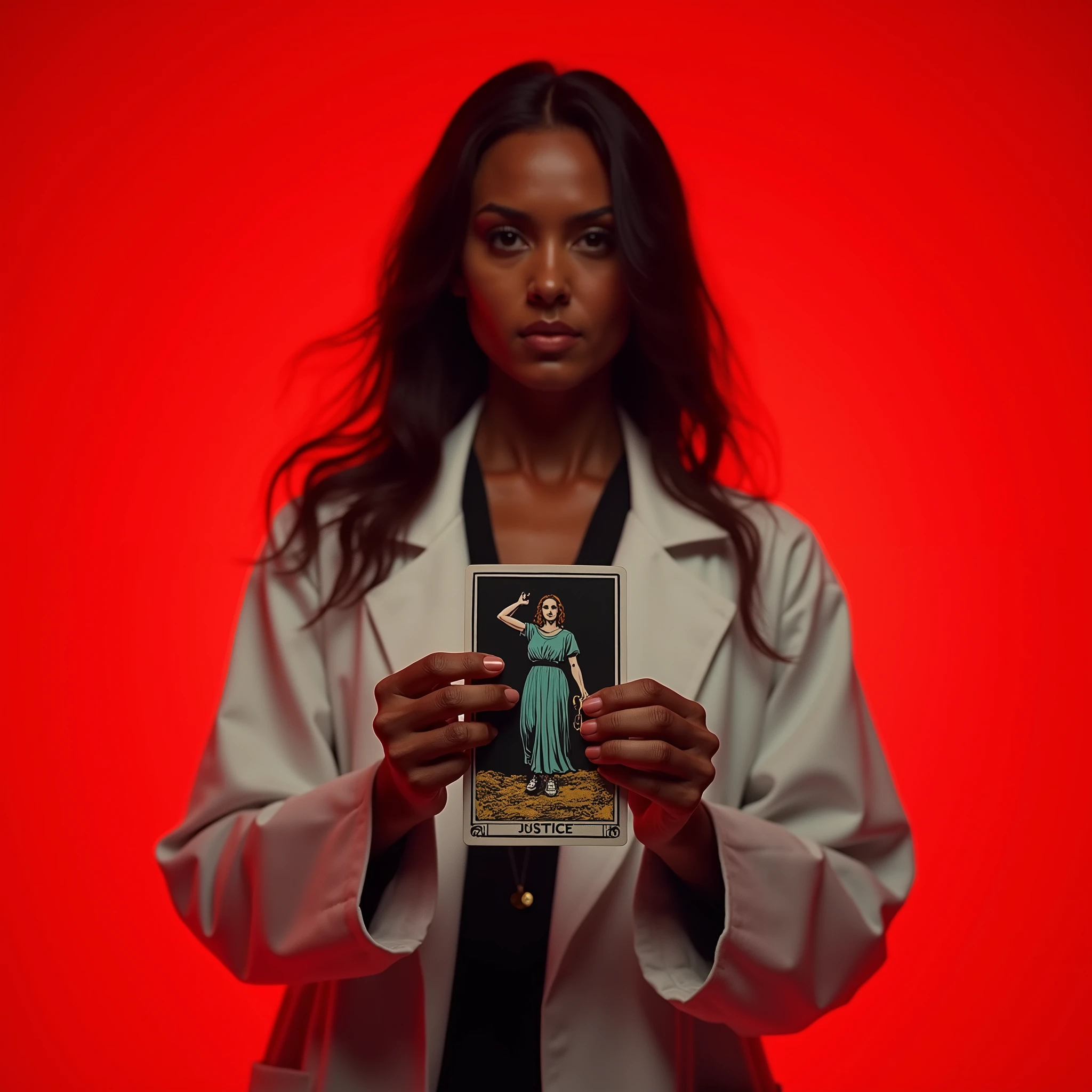 an image of a woman in a white coat standing in front of a red background, justice, (doctor), doctor, movie picture, rgp artwork, profile pic, movie promotional image, still from a terence malik film, poster cover art, from netflix's arcane, 1 9 8 2 horror film, 1995 movie, igla movie shot, profile picture, cover art of graphic novel, cover art, official artwork, the justice tarot card, judge, movie