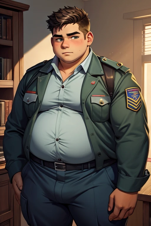 boy, fat, morbid obesity, 18 yo, soldier uniform , tight clothes , button pop