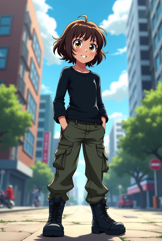 My Hero Academia style, girl with medium brown hair, girl with brown eyes, cute smile, attractive, slim, good body, She is wearing a black long-sleeved shirt, cargo pants with black boots, full body photo outside a building 