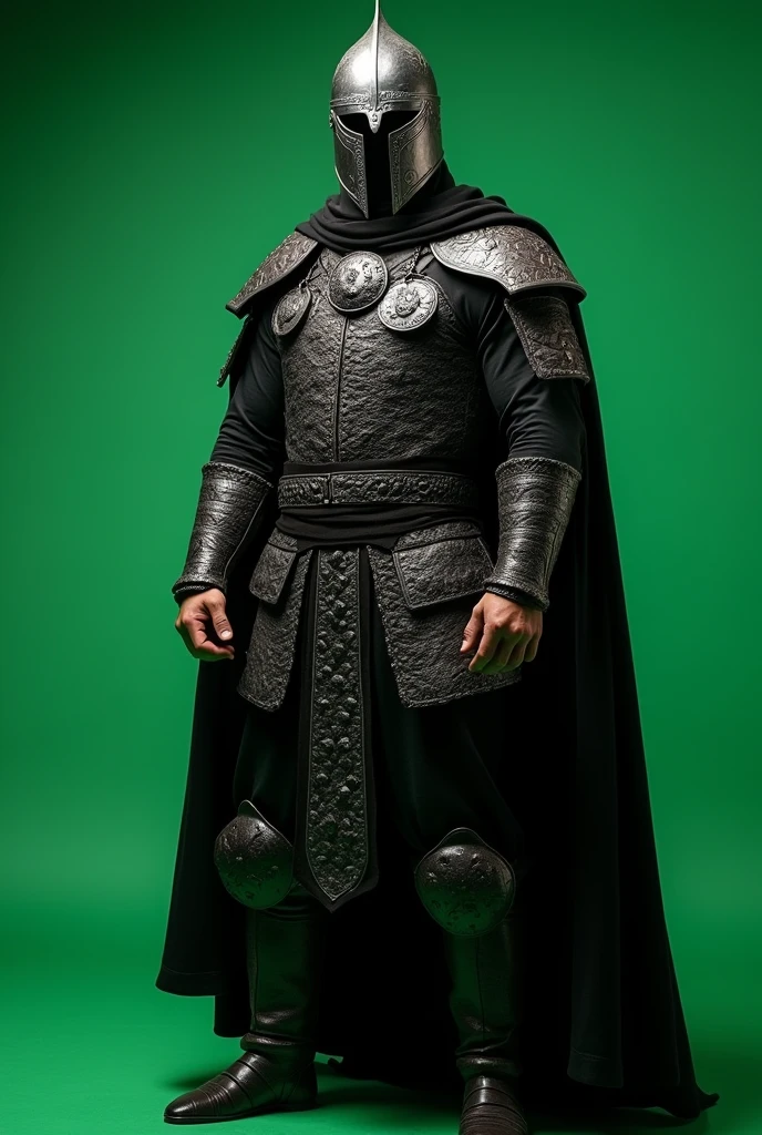 Here's the updated prompt:

"Create a realistic, full-body image of Ertugrul Ghazi in a T-pose, wearing black clothing and a steel helmet. The main focus should be on a detailed frontal view of Ertugrul Ghazi, with a constant green-colored background."