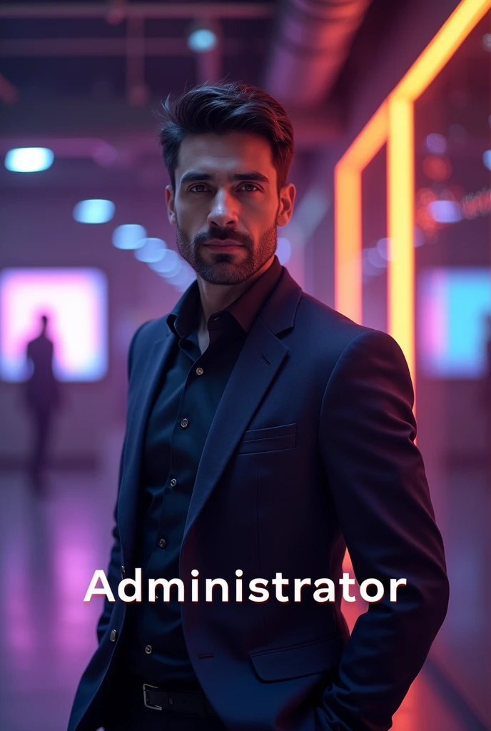 A serious image representing a handsome brunette male persona with the role of technology area administrator, with predominant shades of purple and gray and a little orange. Write primarily at the bottom of the image "Administrator". The image should strongly evoke the tech world..