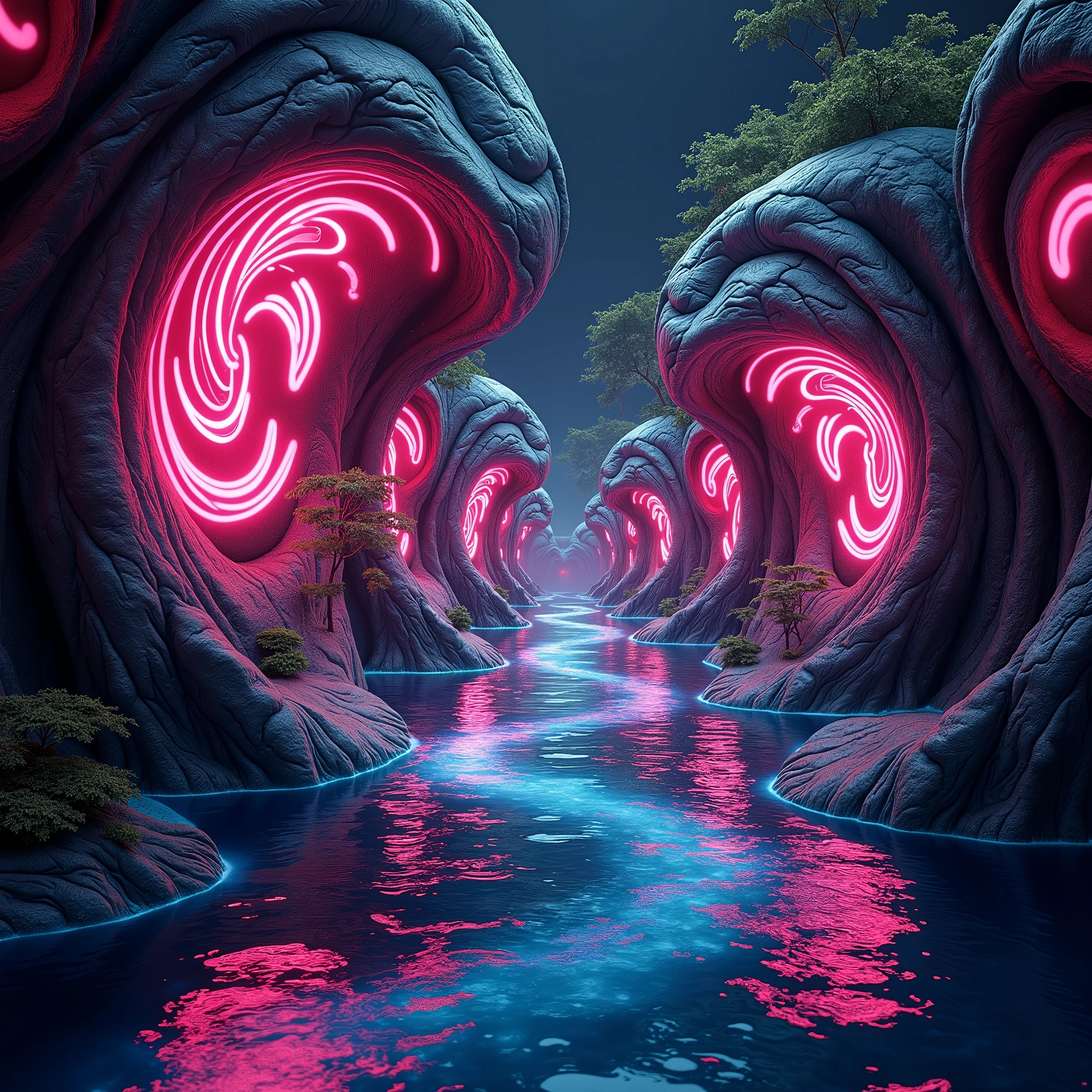 with a pattern of spirals and waves in neon pink tones, green and blue, with fluid geometric shapes that appear to move when observed.