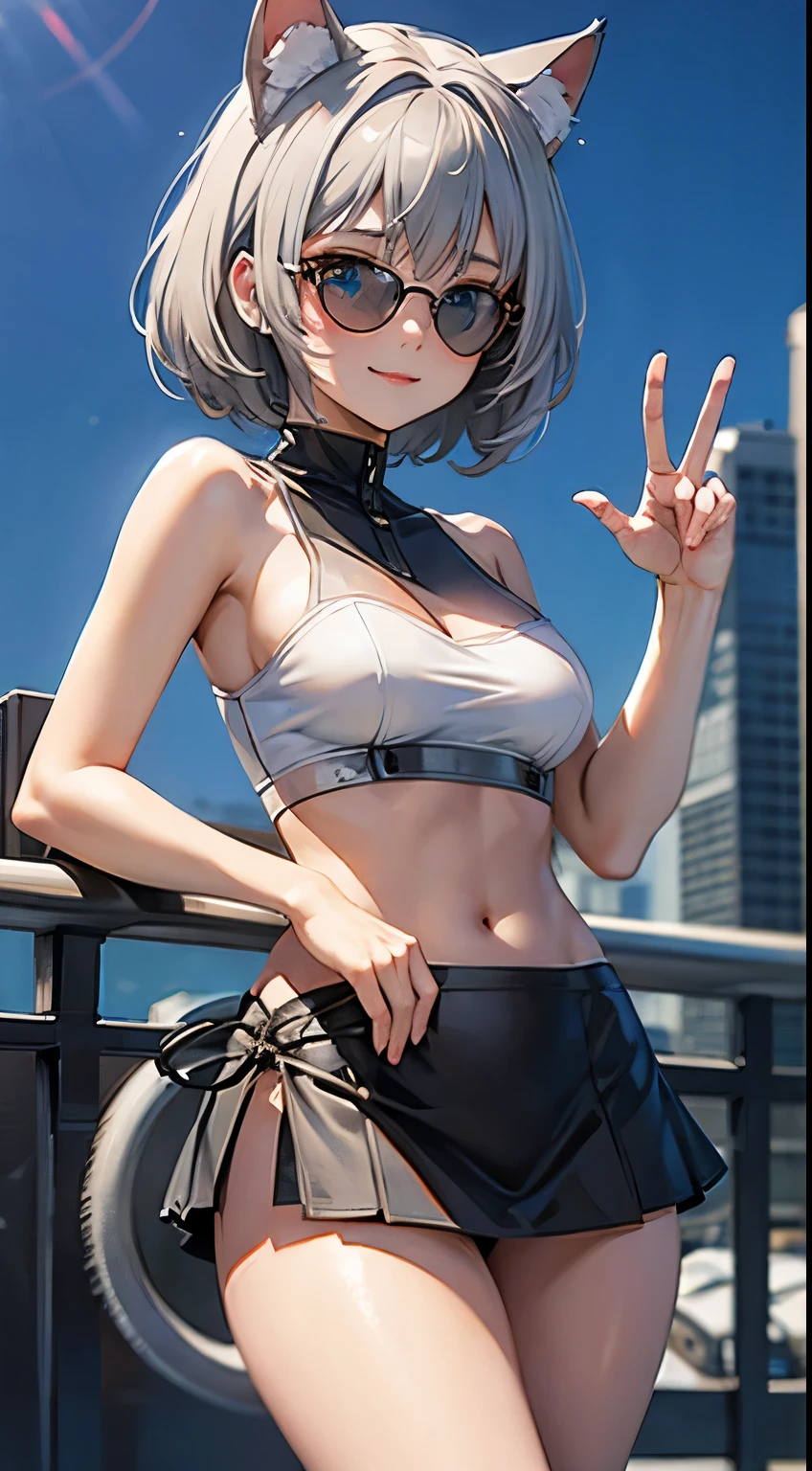 (masterpiece), (best quality), (High quality), expressive eyes, perfect face, 1girl, (grey cat ears: 1.5), BREAK, (medium hair, grey hair, pixie cut), BREAK, (big eyes, perfect eyes, blue eyes, thick eyelashes), (heart shaped sunglasses), BREAK, (thin eyebrow), BREAK, (short height), slim bulid, BREAK,  happy smile, BREAK, (medium breasts), BREAK, (cropped tanktop), (micro skirt), BREAK, (standing), ((v sign)), cowboy shot, (city background), looking at the viewer