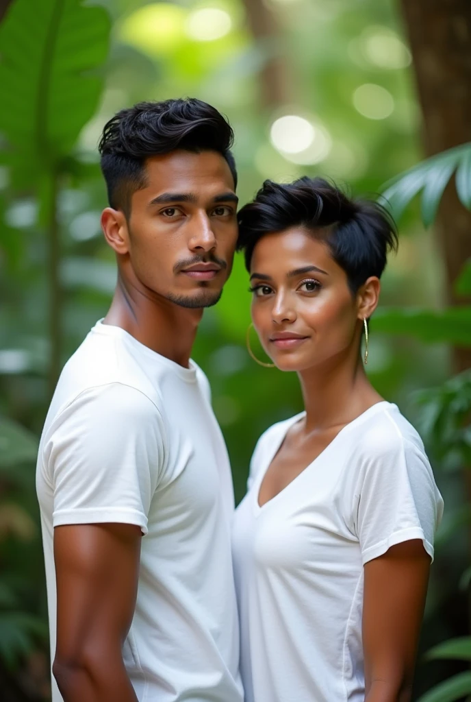 Young slim Latino Man whose long face Is a Merge of a Young Jeff goldblum And Javier bardem face features but with small forehead, wavy short black hair in a tamed mop hair cut, he doesn't have gray hair, his low hairline Is rectangular, long wide nose, His body Is of Slender build, wearing a white tshirt he doesn't wear glasses, he Is standing next to a young latina woman whose face Is a merge of Aubrey plaza And Megan Fox And Mila Kunis face features, except her face has long oval shape has small narrow forehead, turned down eyes, straight eyebrows And straight wide nose, small mouth, of Curvy silhouette, brown skin, her wavy hair Is dark chocolate in a pixie buzz cut, wearing a white tshirt, he Is 9 inches taller than her, they both look at the camera with neutral expresion, tropical forest in the back ground.