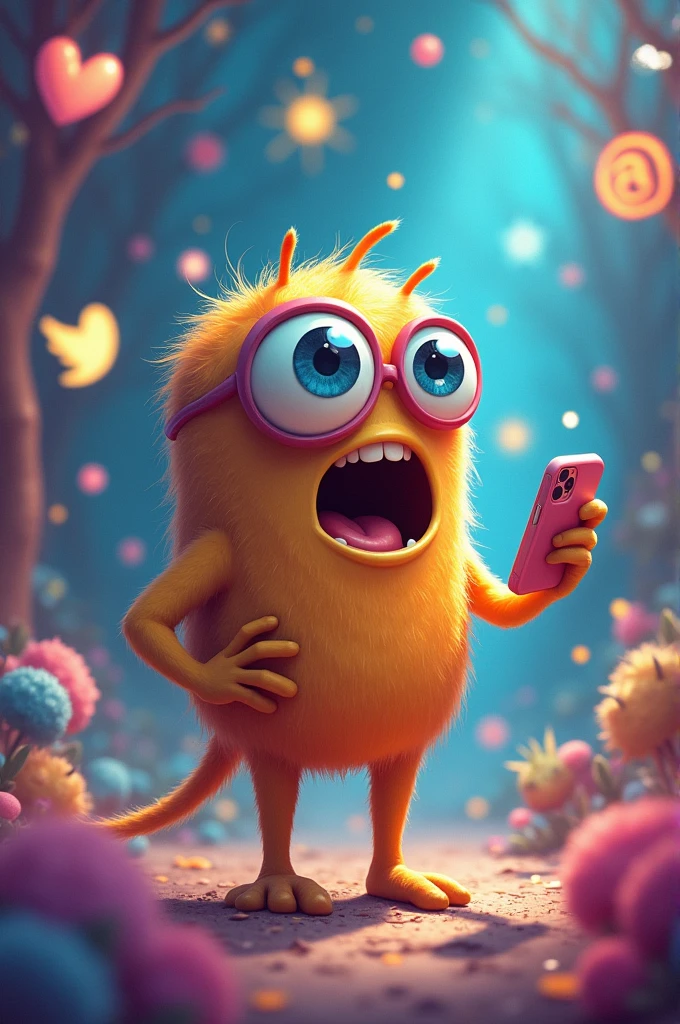 An Instagram app personified, with large, round eyes, short legs and arms, is holding a phone and staring in awe with its mouth open.
