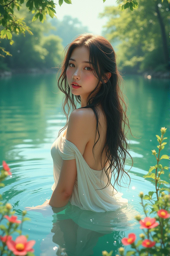 (photorealistic: 1.4), naked woman with long hair takes a bath in the lake anime style.