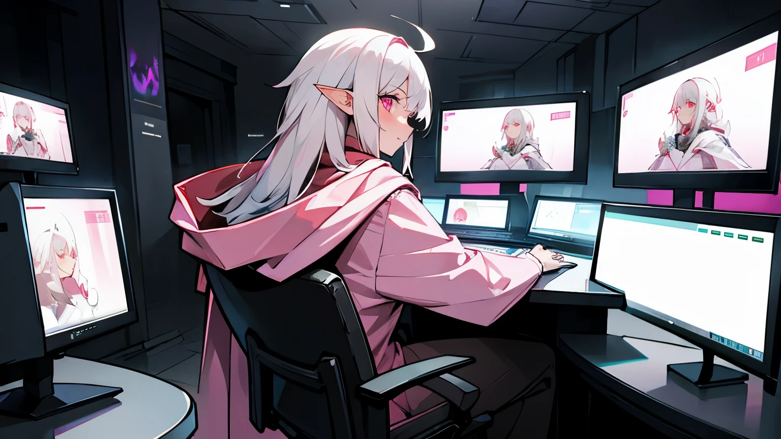 1 girl, standing alone, White hair, hooded cloak, ssmile, keyboard (computer), sitting down, elfo, pointy ears
(( FPS gaming PC display.))
(White hair),White hair laqueado,((hair with highlights)),short-cut,Ahoge,
hooded cloak, looking ahead at viewer, , chair, tabletop, monitor, pink eyes, Inside the house,, overskirt, phone, virtual youtuber, long hair, blush, long sleeves, bangss, pink hooded cloakie, hair ornament,cloused mouth, office chair, jaket, looking back, hooded cloak down,from sideways