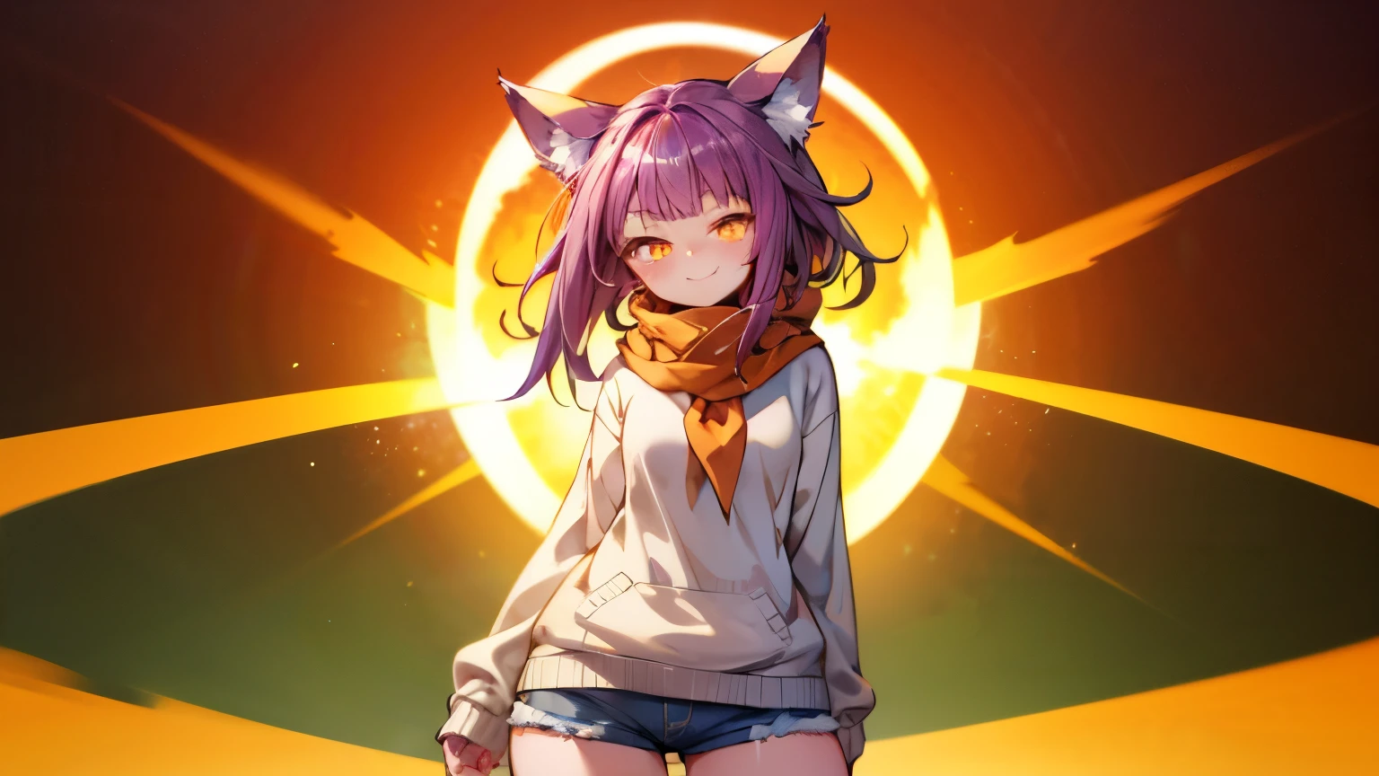photorealistic, 1girl, saturated violet hair, orange fox ears (1.7), flat chest (1.7), puffed out her cheeks, saturated glowing bright orange eyes, cat-like pupils (2), sandy beach, denim shorts, sweater, narrow waist (2), tired but happy eyes, cutely holds,flirts(1.6), orange scarf, explosion in the background