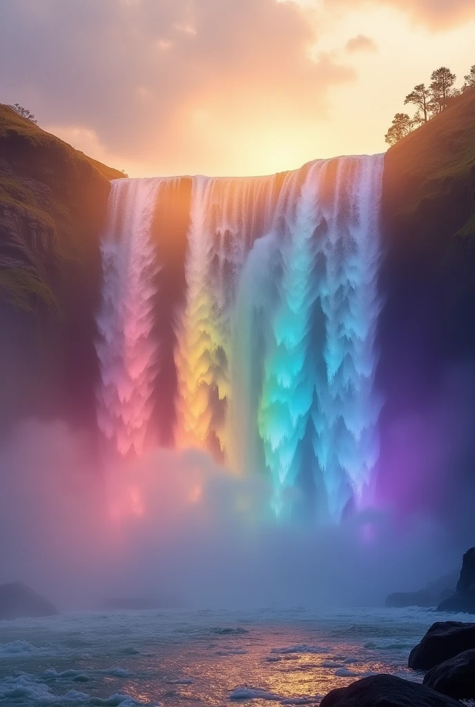 A cascading waterfall
that flows in all colors of
the rainbow, surrounded
by clouds and floating. ..