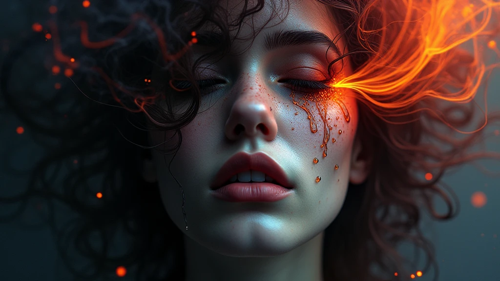 A surreal and abstract album cover that symbolizes the loss to addiction. The scene features a close-up of a feminine figure's face, partially obscured by swirling, dark smoke that seems to emanate from within her. The smoke forms intricate patterns that resemble shattered pieces of glass, each reflecting fragmented memories and emotions. Her eyes are closed, and a single tear made of liquid fire traces down her cheek, representing the 'lost fire' and the intense pain of her struggle. Her hair blends into the smoke, becoming one with the dark, swirling mass, as if she is slowly dissolving into the void. The background is an abstract, almost dreamlike mix of deep reds, purples, and blacks, creating a sense of turmoil and inner conflict. Small, glowing embers float around her face, the last remnants of the fire she once had. The overall composition is intimate, focusing on her internal struggle and the sense of being consumed by addiction.