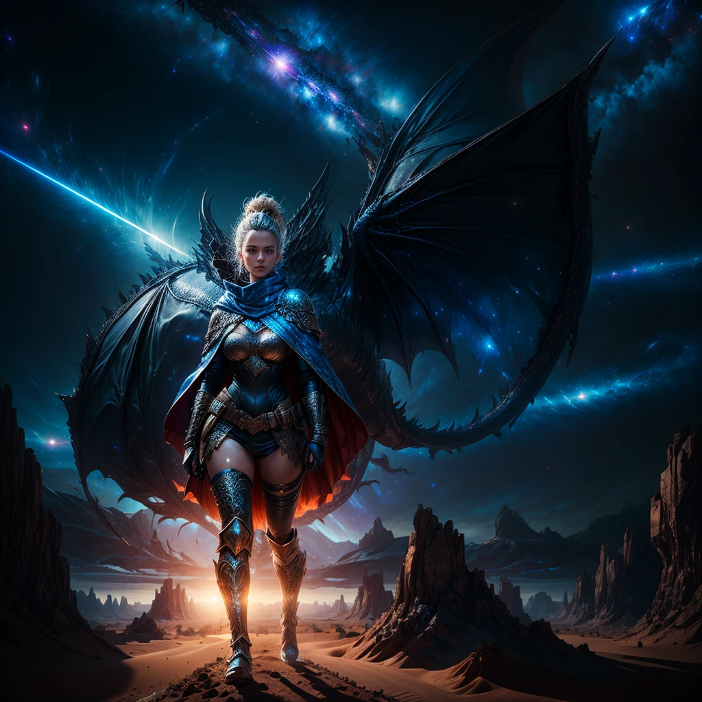 A woman in a form-fitting leather armor, intricately detailed with luxurious and futuristic designs, stands confidently in the foreground. Her cape billows behind her as she holds a blue laser sword. She leads a group of dragon riders through a desert landscape with large sand dunes under a sky filled with stars and galaxies.