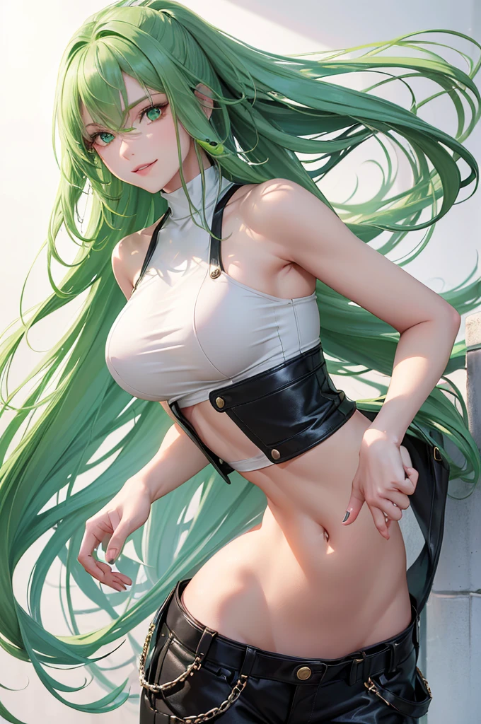(Background: Pure white and completely blank:1.3),Quality: Best quality, high resolution, 8K, masterpiece,Subject: Beautiful girl,Expression: Smiling, sweet, and dependent,Hair: Long, (deep green hair:1.2),pony tail,Eyes: Beautiful green eyes,Additional Element: Supermodel,A beautiful supermodel girl with long green hair and stunning green eyes. She has a sweet and dependent expression, smiling warmly,She is wearing oversized black pants paired with a white crop top that exposes her midriff. Silver accessories complement her outfit. Her expression is young and cute, adding to her overall charm.