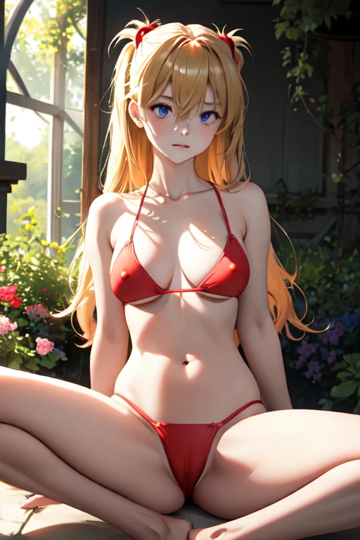 (masterpiece, best quality), 1girl, beautiful face, beautiful body, souryuu_asuka_langley, hair between eyes, solo, bright expression, natural small breast, cleavage, slim, thin, tall, blonde reflected light, red bikini, collarbone, silky shiny skin, see through nipple, high resolution, sitting, perfect detailed anatomy, perfect arms, perfect fingers, navel, spread legs, soft light, garden