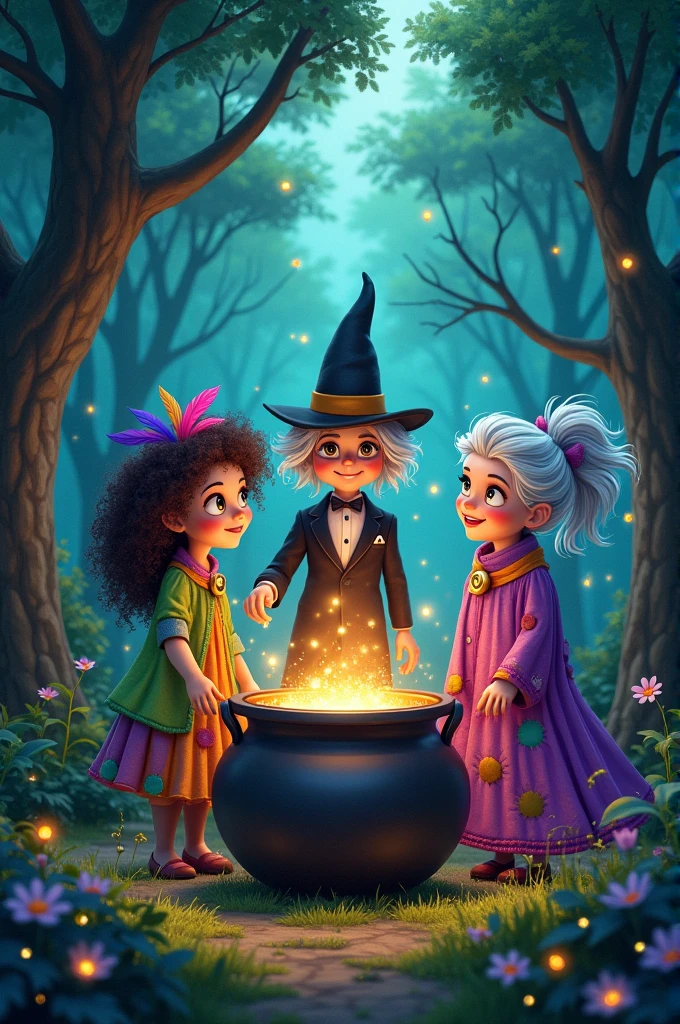 3 quirky witches whose names are Matilda, Marigold and moonbeam were and 1 magician at the cauldron with magic potion and magic tricks