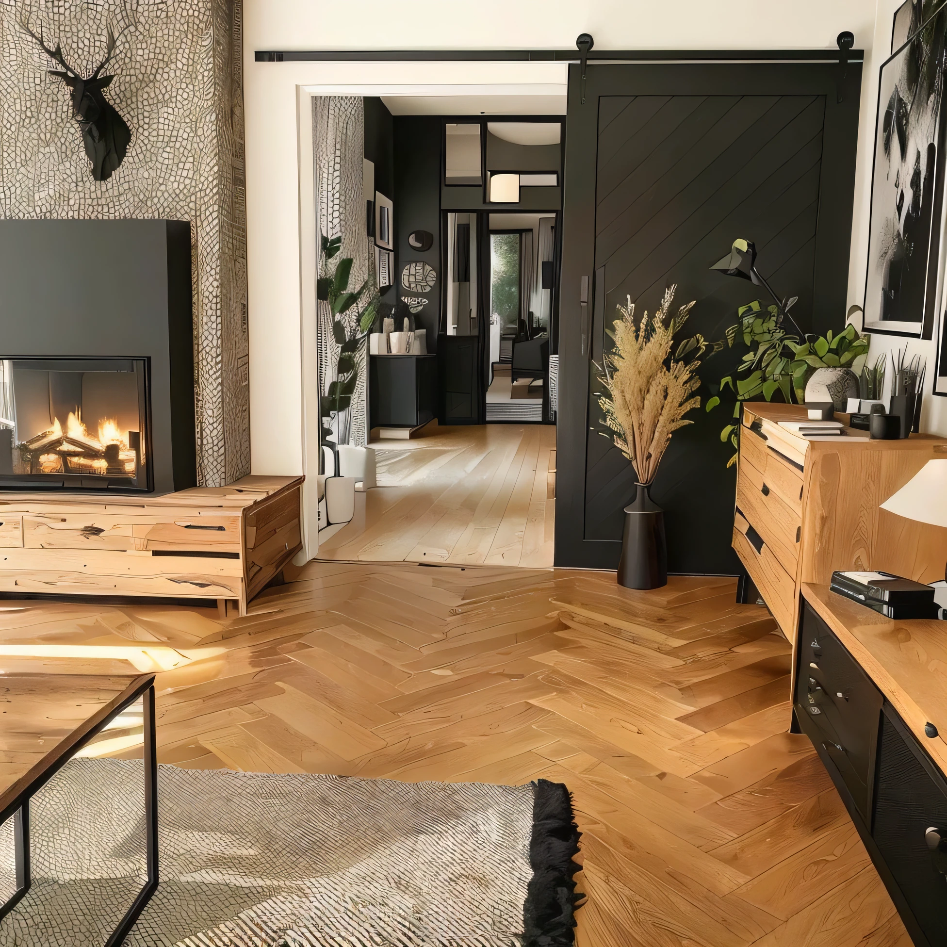 there is a living room with a television and a fireplace, herringbone floor, apartment with black walls, placed in a large living room, 8k)), indoor, wooden parquet, wooden floor, modern style, oak parquet, black show room, scandinavian style, fancy apartment, oiled hardwood floors, wooden floors, wood accents, in a japanese apartment