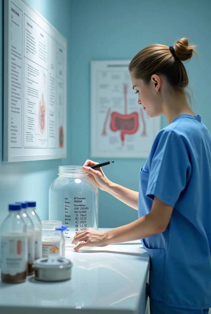 Writing patient data on a plastic jar for stool collection