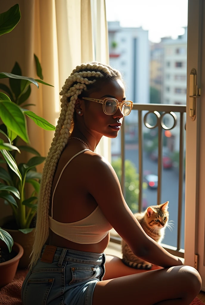 A black woman with a slightly rounder face with light blonde, almost white, braided hair and transparent framed glasses and a more voluptuous body living alone in an apartment with a balcony in Sao Paulo with a kitten