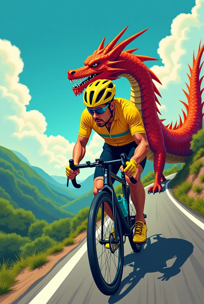 Pop art image of a cyclist wearing a helmet and gloves, climbing a steep road, on a sunny day, looking tired, with a dragon following behind