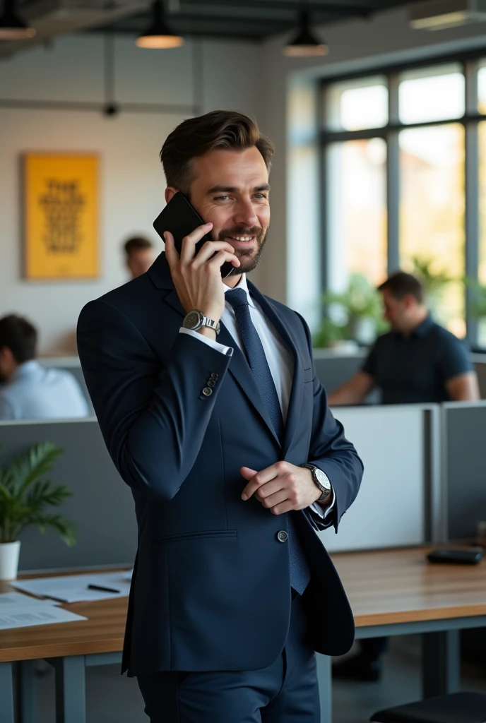 Illustration of a man wearing a suit talking on the phone at work