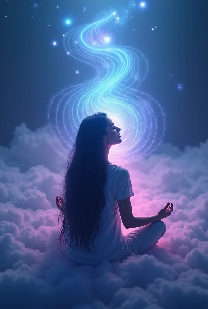 Woman sitting in lotus position with sound waves coming out of her mouth 
