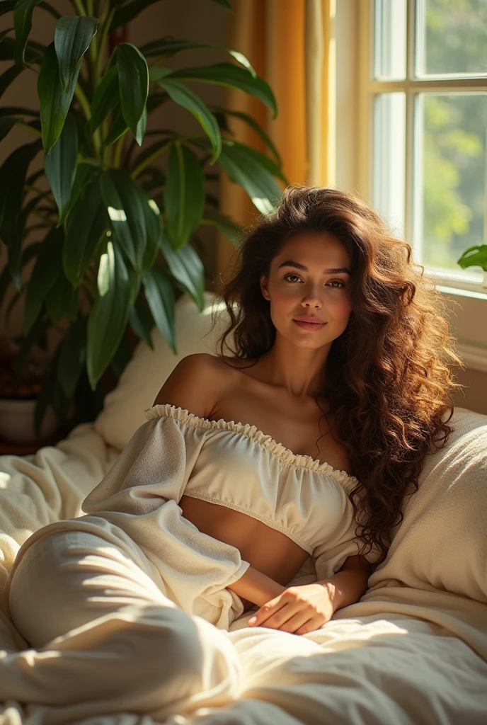 (photorealism:1.2), beautiful woman, sitting on bed, wearing loose off-shoulder top, pajama pants, long curly hair, indoors, soft lighting, plants in background, window with sunlight, cozy room, relaxed pose, realistic, intricate details, warm colors, by Greg Rutkowski, by Alphonse Mucha