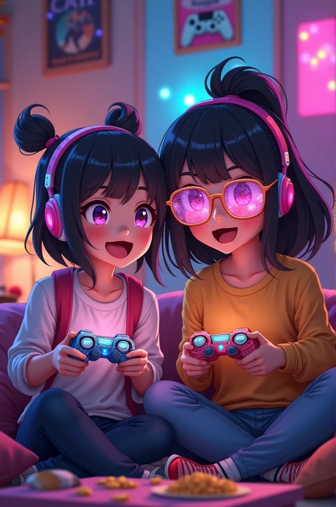 2 cousins avec l'un d'eux avec une manette et l'autre avec une lunette version animé stylé 
