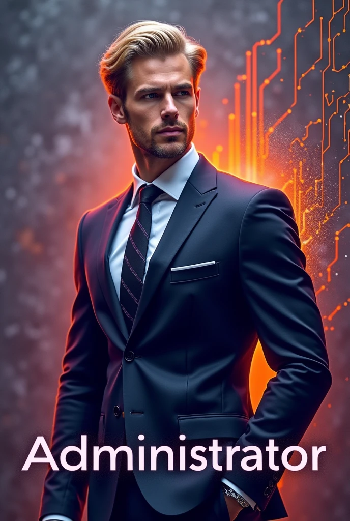 A serious image representing a handsome blonde male persona who is a technology administrator., with predominant shades of purple and gray and a little orange. Write primarily at the bottom of the image "Administrator". The image should strongly evoke the tech world..