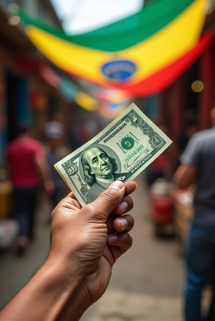 A hand with a dollar bill and the Bolivian flag in the background