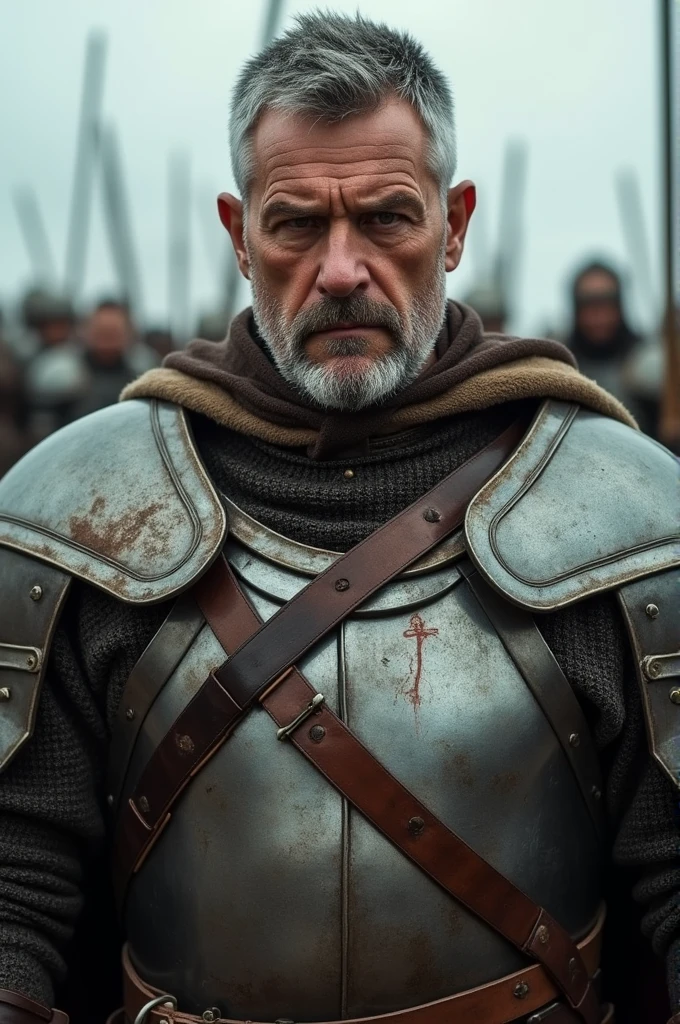 a middle aged man, with short-cropped gray hair and a neatly trimmed beard. His skin is scarred by scars from past battles, and his brown eyes have a stern, determined expression. Ele usa uma armadura pesada, always polished and impeccable.