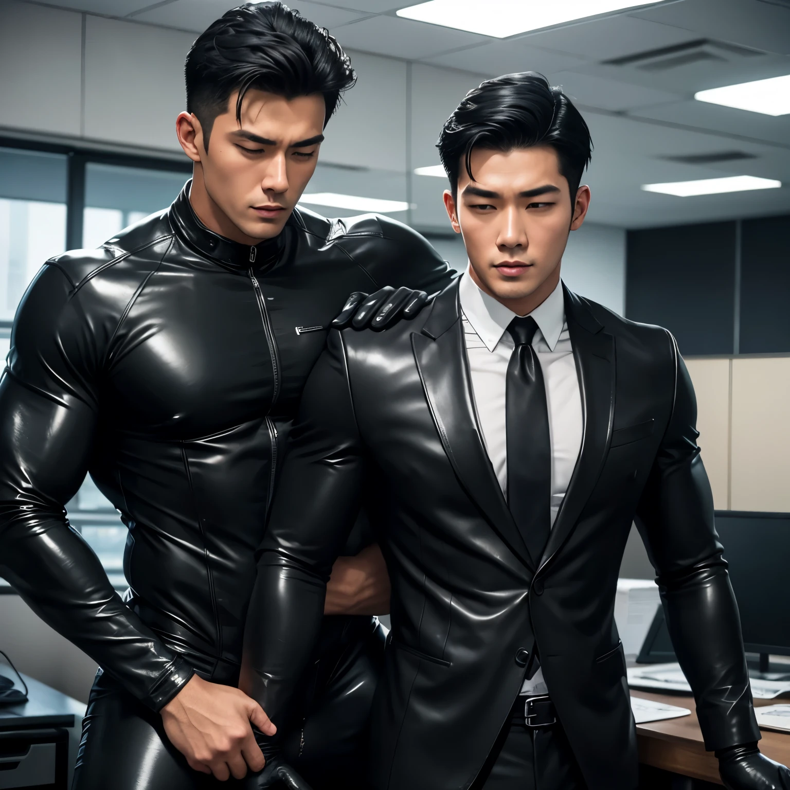 High quality two men in love 20years old,a daddy,tight black shiny suit sit down,k hd,in the office,muscle, gay ,black hair,asia face,masculine,strong man,the boss is,handsome,sex,leather gloves,lecherous dad,look straight ahead,Dad is erection