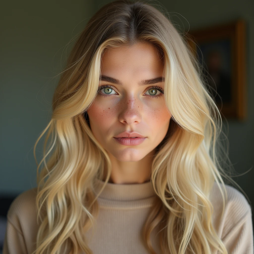 young woman, blonde long hair, green eyes, freckles above the nose, feminine facial features, beige clothing