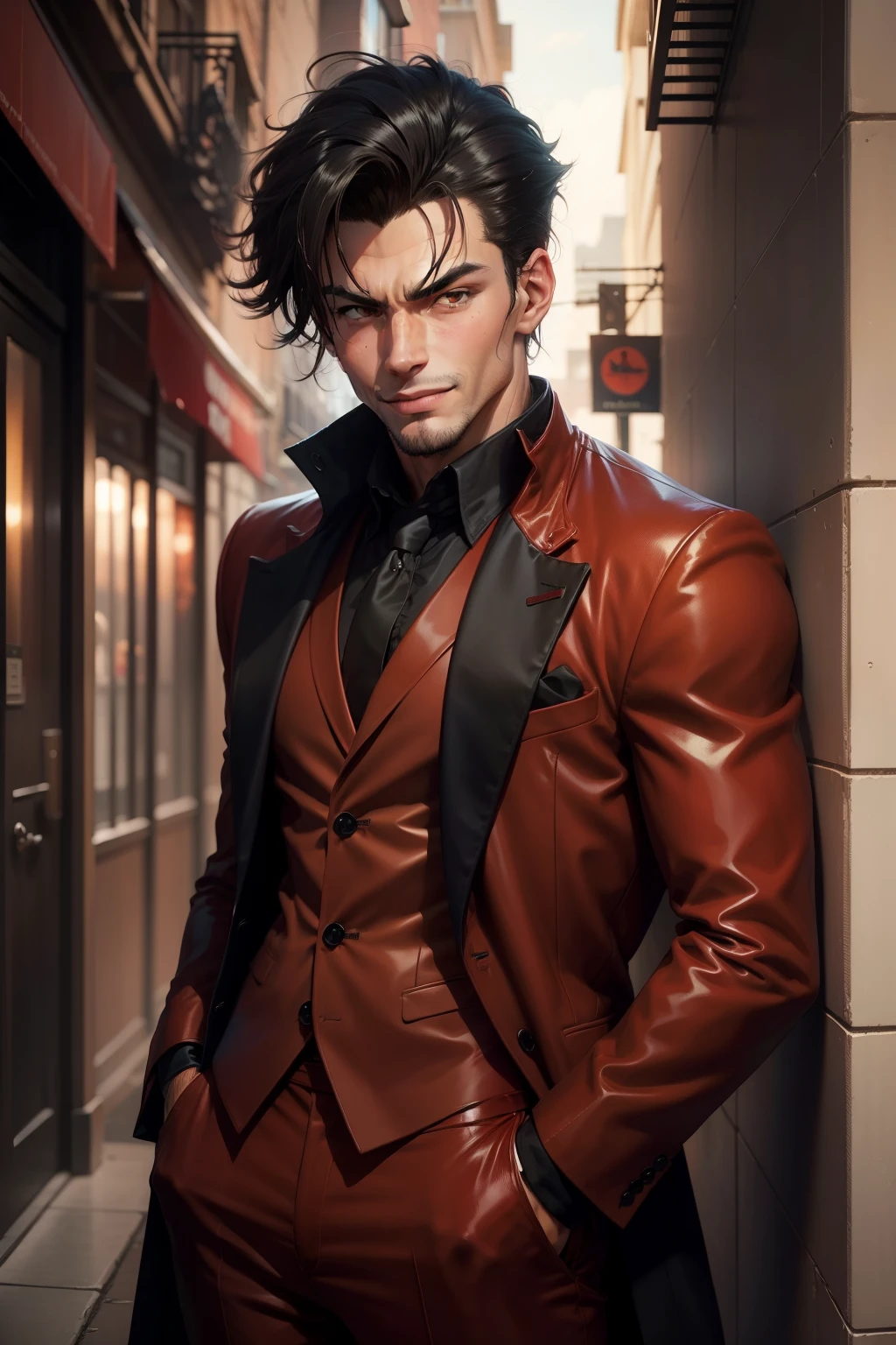 jovem blacksad, drip, red suit, Stylish hair, blackquality hair, ssmile, show, comely, Bleach pose, anime styling, naughty man, blacksad, Bblack hair, red suit