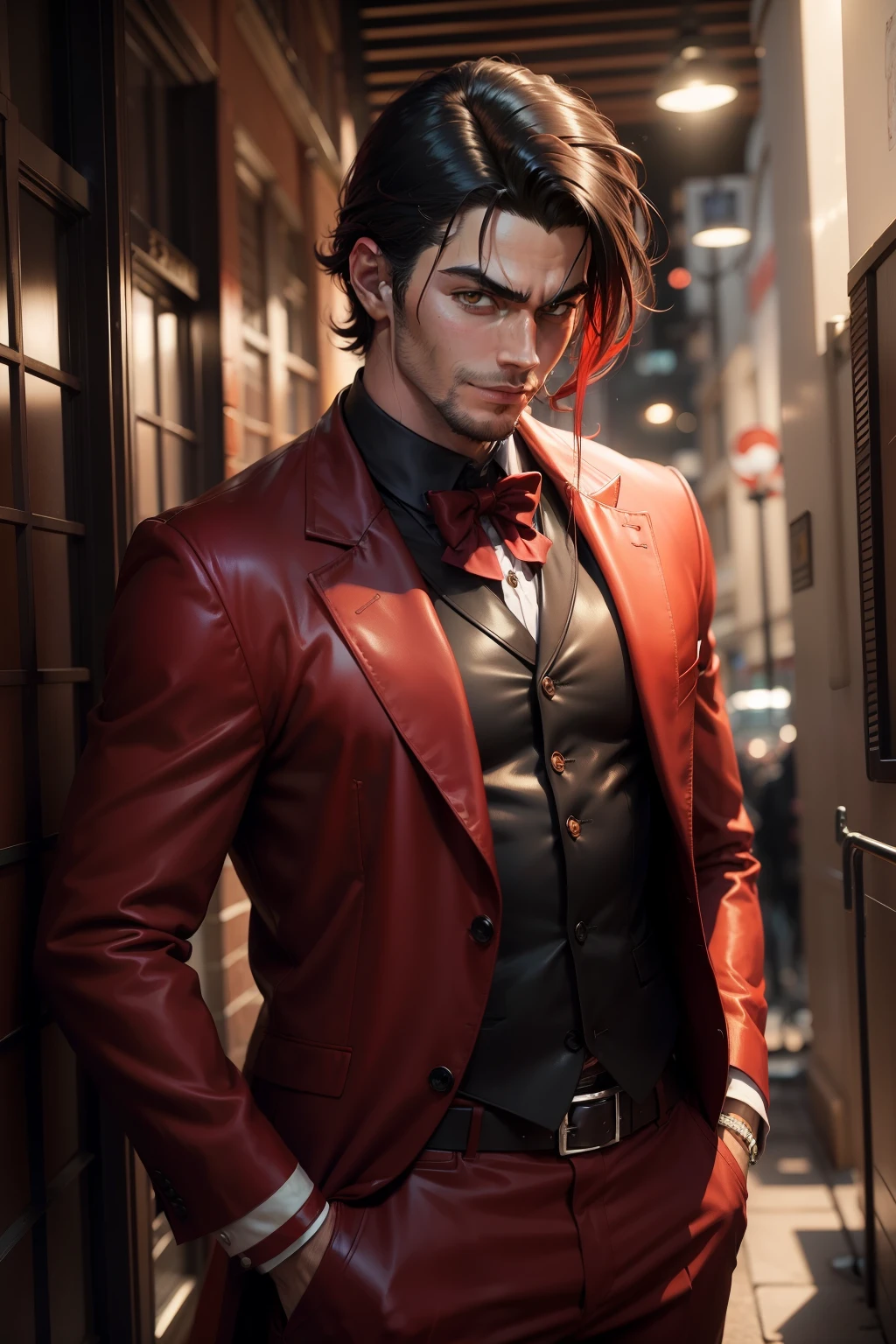 jovem blacksad, drip, red suit, Stylish hair, blackquality hair, ssmile, show, comely, Bleach pose, anime styling, naughty man, blacksad, Bblack hair, red suit