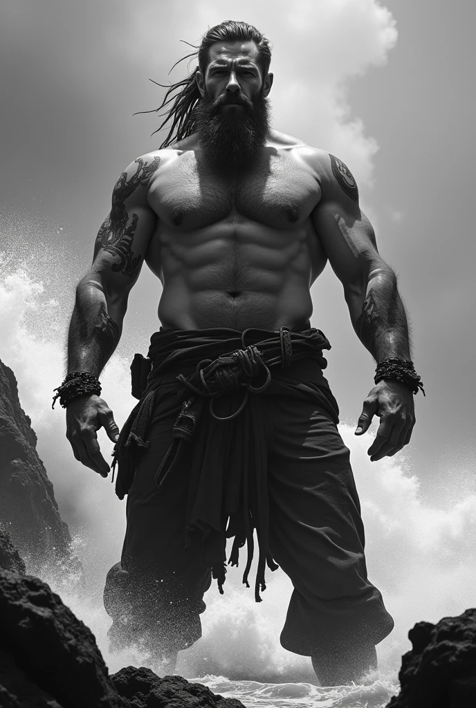 Black and white photo of a 2 meter tall shirtless pirate with an incredible physique