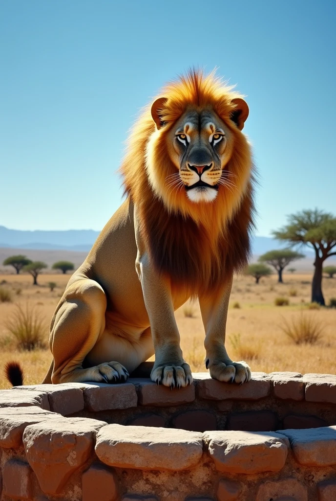A lion sits aggressively in front of a well