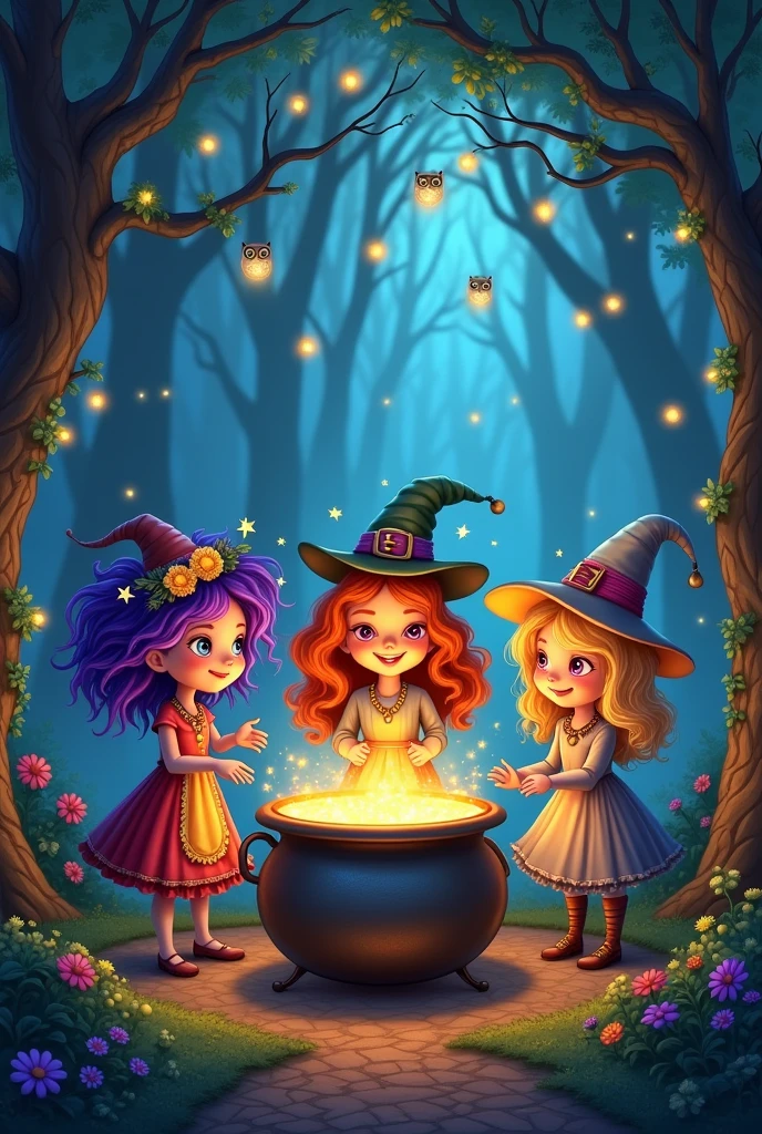3 quirky witches whose names are Matilda, Marigold and moonbeam were two wizards at the cauldron with a magic potion and magic tricks in an enchanted forest 