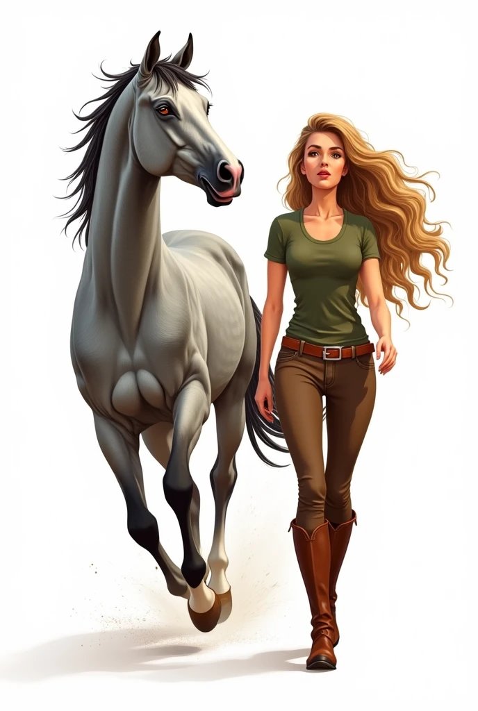 Illustration 2D sur fond blanc. Cheval gris pommelé (yeux marron, avec une tâche rose sur le bout du nez) qui court vers la droite avec une femme à côté, cheveux longs bouclés châtain avec un ombré hair blond, yeux noisettes, t-shirt vert militaire et pantalon d'équitation marron avec ceinture et boots marron.