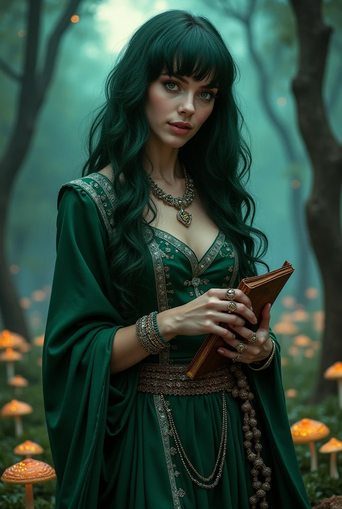 A witch with dark green, straight, curly hair wearing a short dress, holding a spell book in her hand, adorned with valuable jewelry.