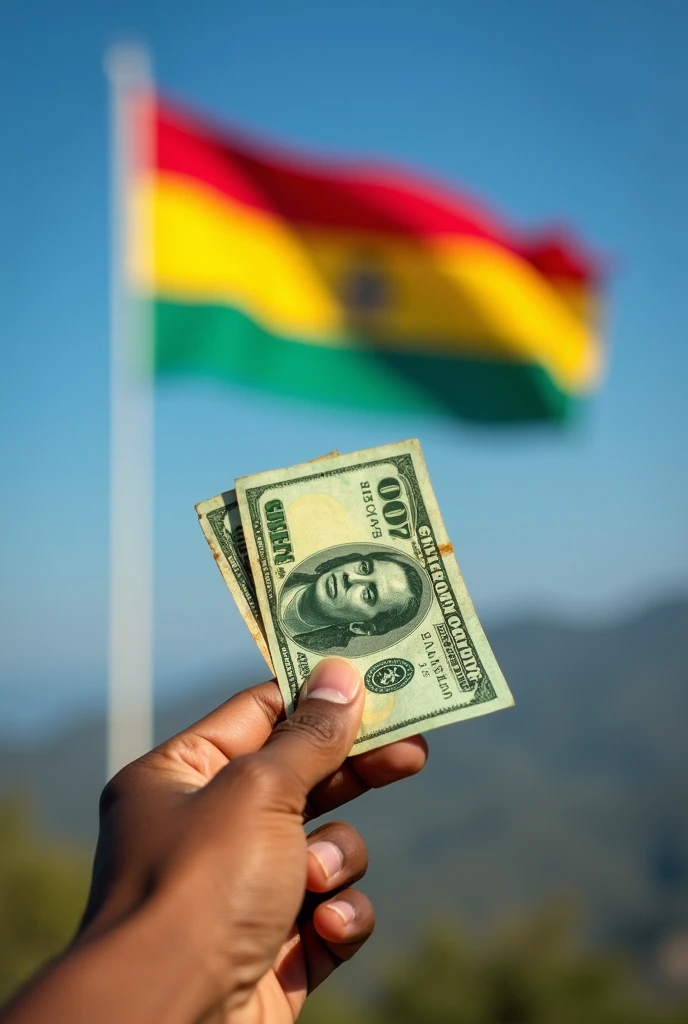 A hand with a dollar bill and the Bolivian flag in the background 