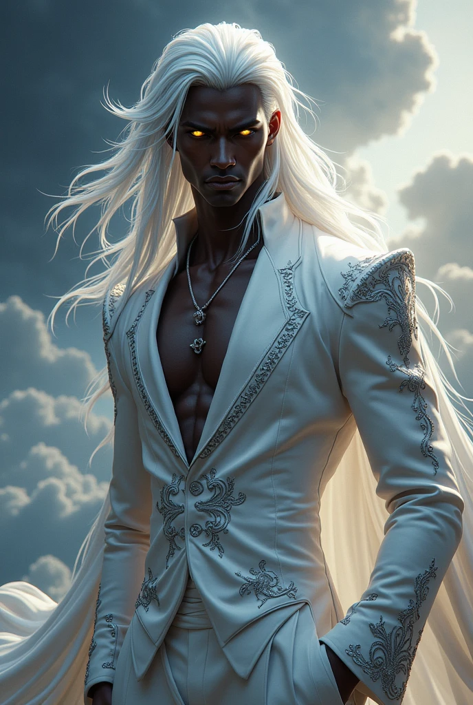 A black male character with white hair and golden pupils wearing white clothes with black details