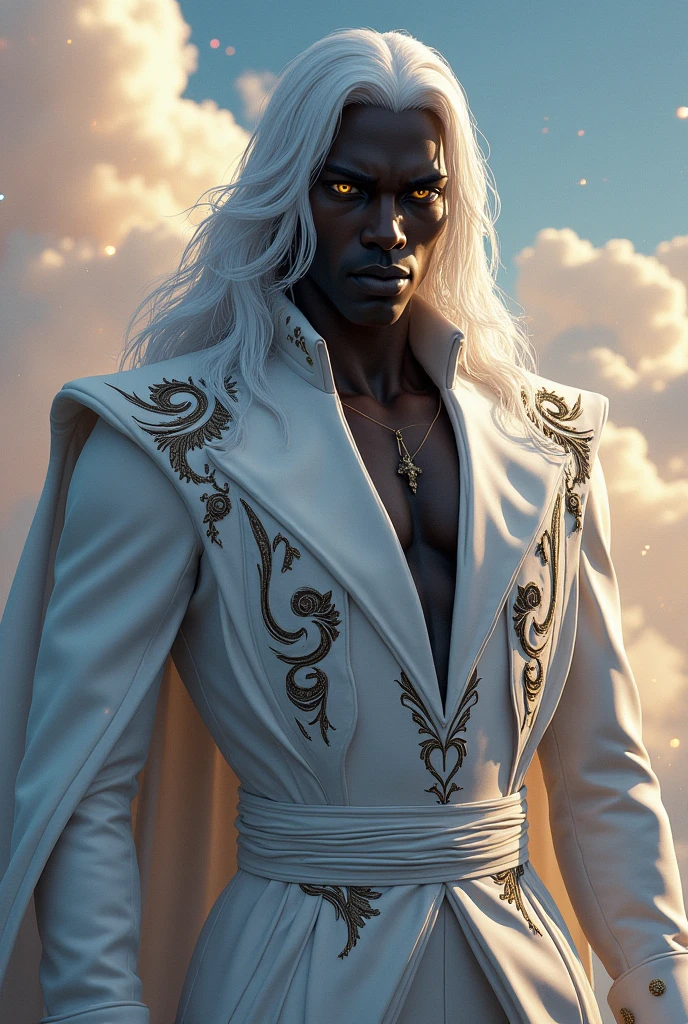 A black male character with white hair and golden pupils wearing white clothes with black details