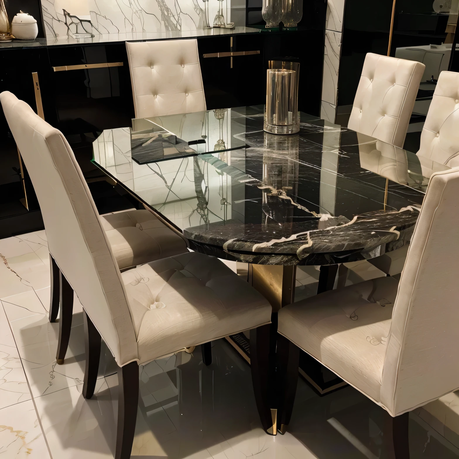 there is a glass table with chairs and a vase on it, marble table, dinner table, elegant furniture, luxury furniture, smooth marble surfaces, award-winning masterpiece, dining table, stone table, masterpiece intricate elegant, kitchen table, exquisite marble details, magnificent design, exquisite details, perfect detail, exquisite detail, stone, furniture photography, award winning masterpiece